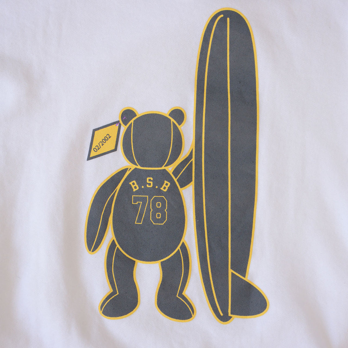 Back bear and surfboard graphic with B.S.B 78 and 02/2002 text on BEAR SURFBOARDS sweatshirt