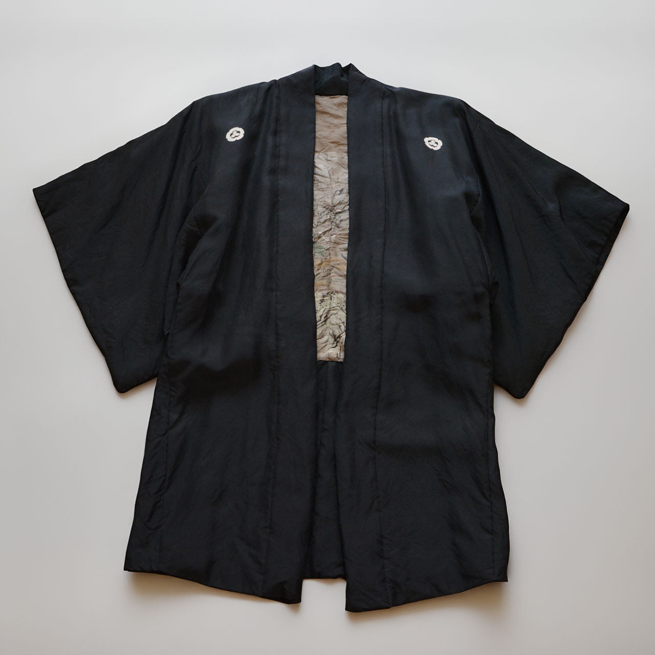 Black silk haori jacket with five white dyed family crests, Showa era Japan vintage
