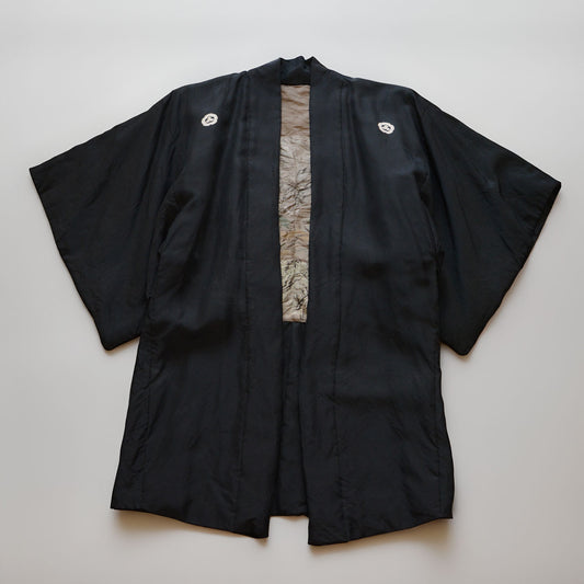 Black silk haori jacket with five white dyed family crests, Showa era Japan vintage