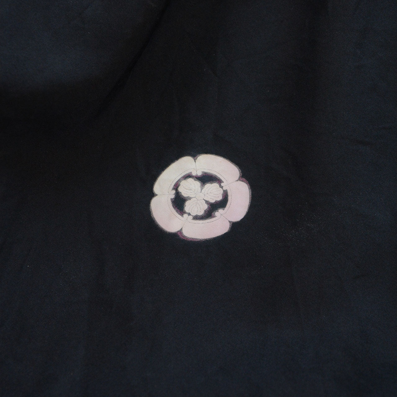 Black haori with five crests and embroidered landscape lining, Japan vintage