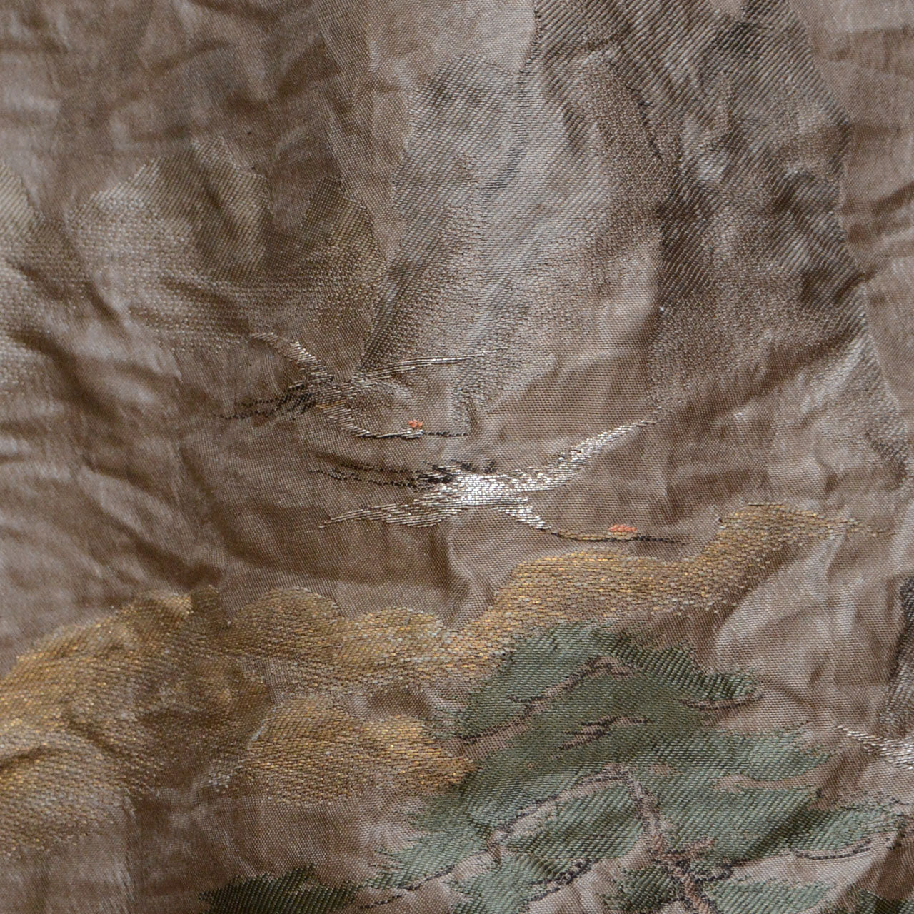 Embroidered landscape lining of vintage black silk haori, mountain and pine motif
