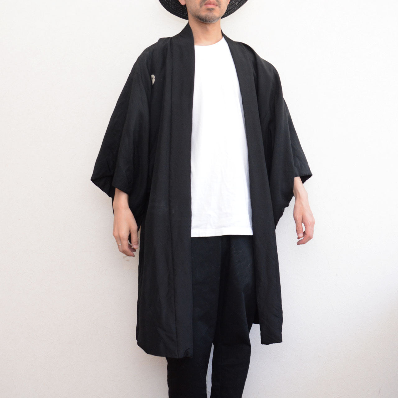 Vintage black silk haori, five dyed kamon, embroidered mountain and pine lining, Japan vintage menswear
