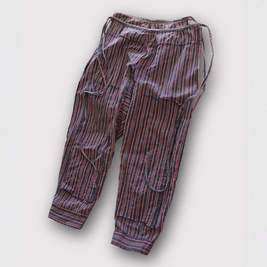 Vintage Japanese cotton striped monpe pants with double-knee design and machine-stitched repairs