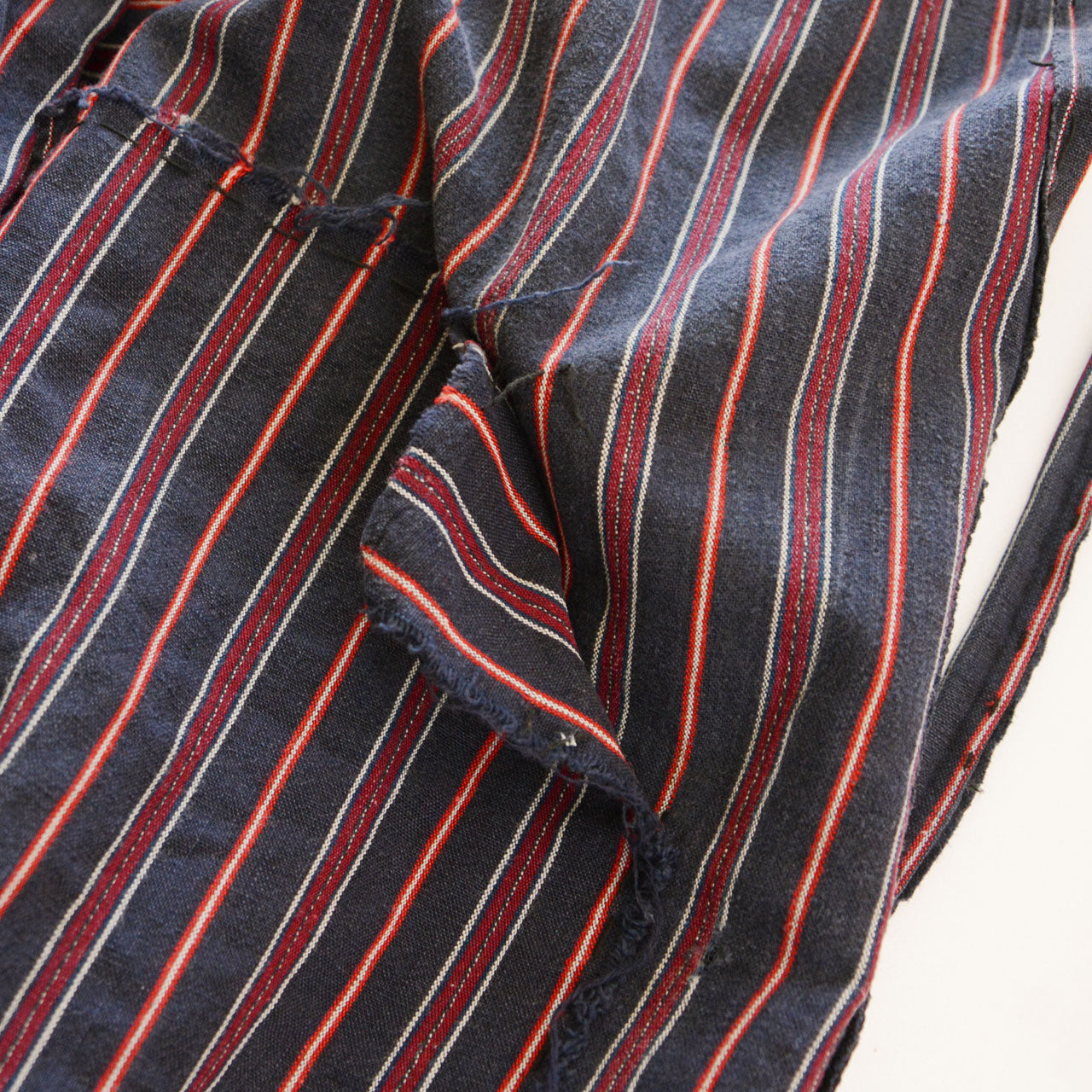 Striped cotton monpe with double-knee and patched detailing for unique character