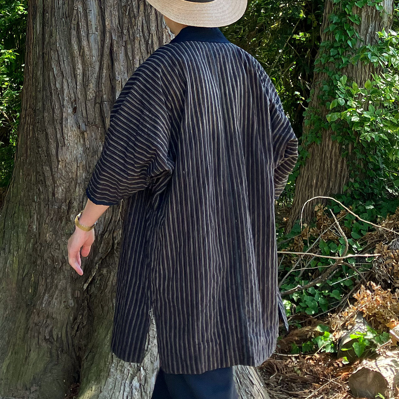 Vintage Japanese Noragi jacket featuring a modern striped design in indigo cotton