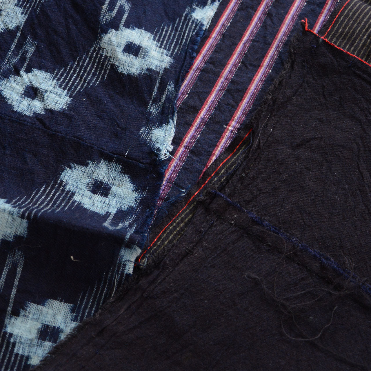 Japanese fabric scrap set with a mix of traditional kasuri, stripes, and solid textures