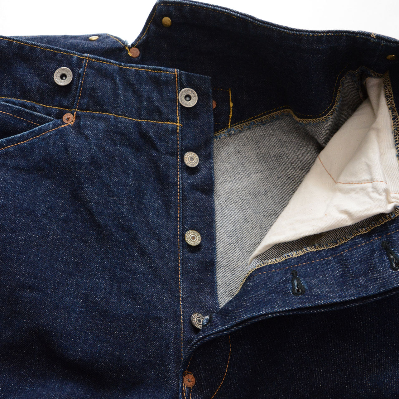 EVIS selvedge denim jeans, button fly, suspender belt, 1990s Japan vintage