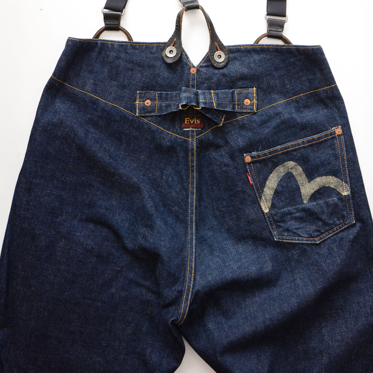 EVIS selvedge denim jeans, indigo, 100% cotton, button fly, suspender belt, 1990s Japan vintage