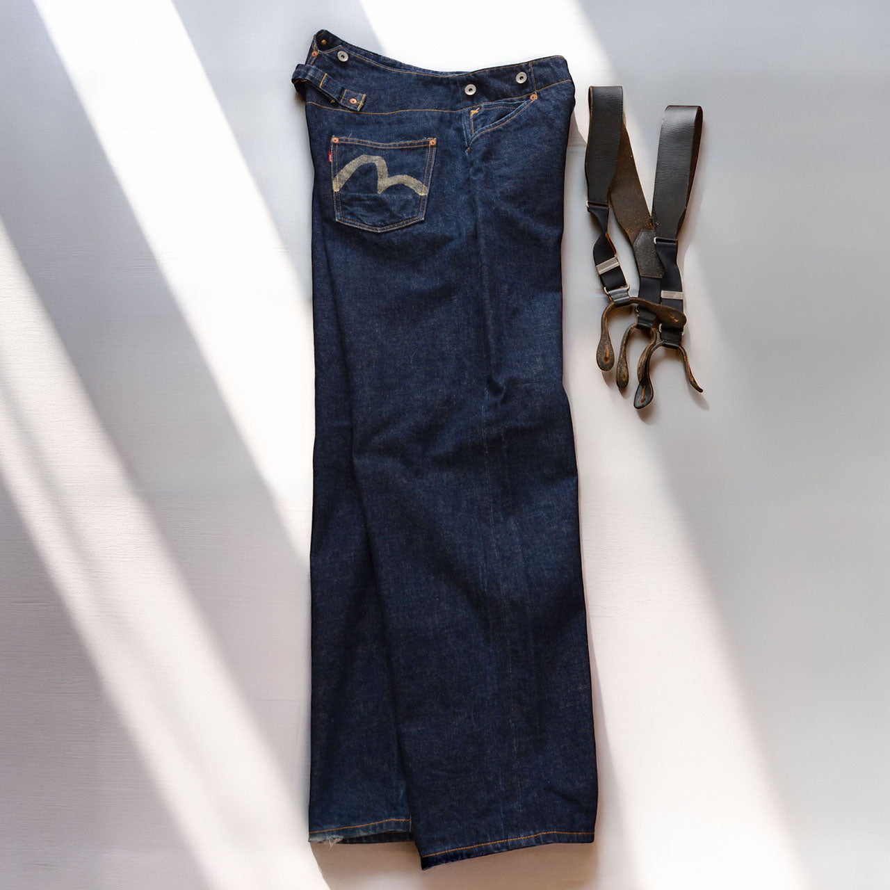 EVIS selvedge denim jeans, 1990s Japan vintage, indigo, button fly