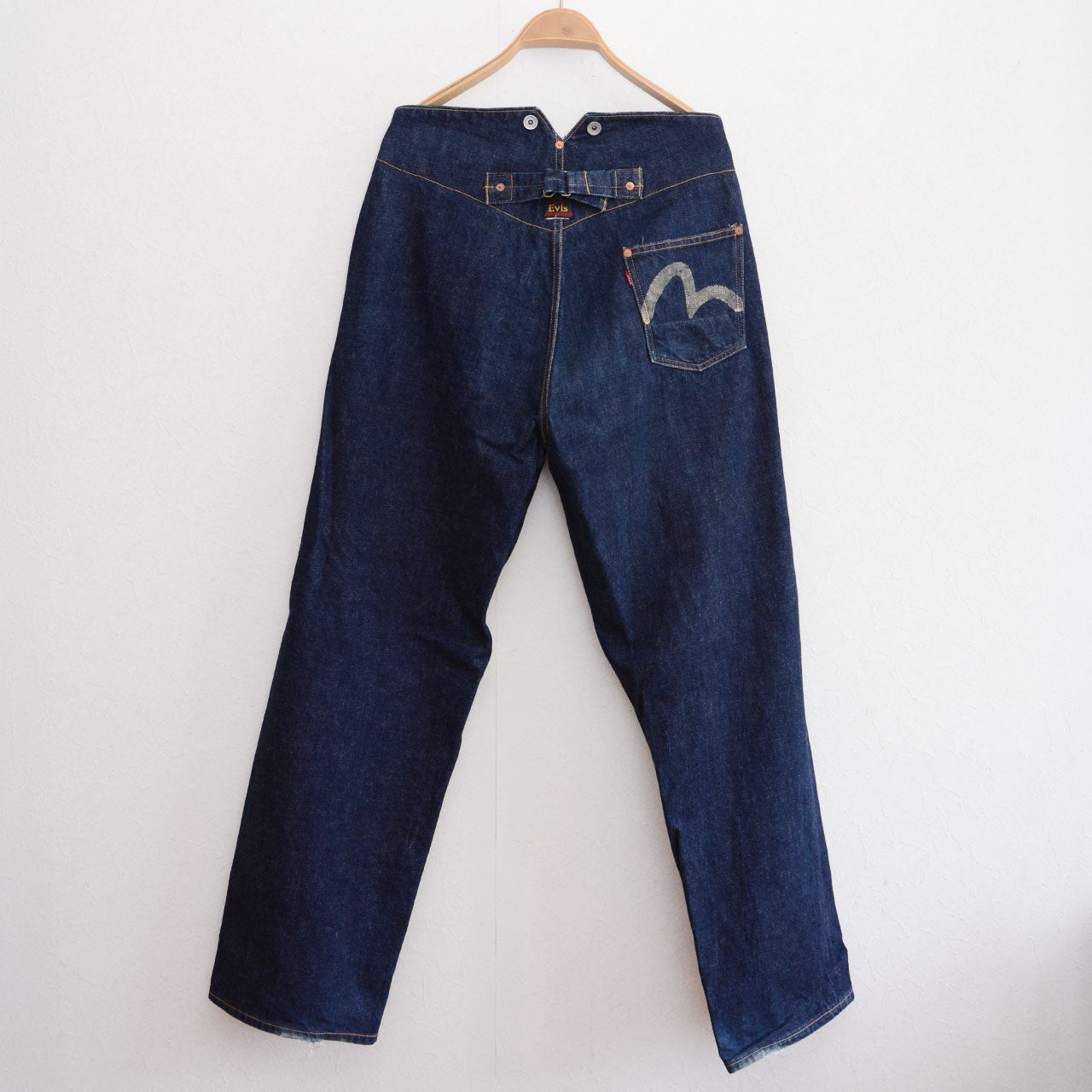 Hand-painted seagull mark, indigo selvedge denim, EVIS 1990s Japan vintage