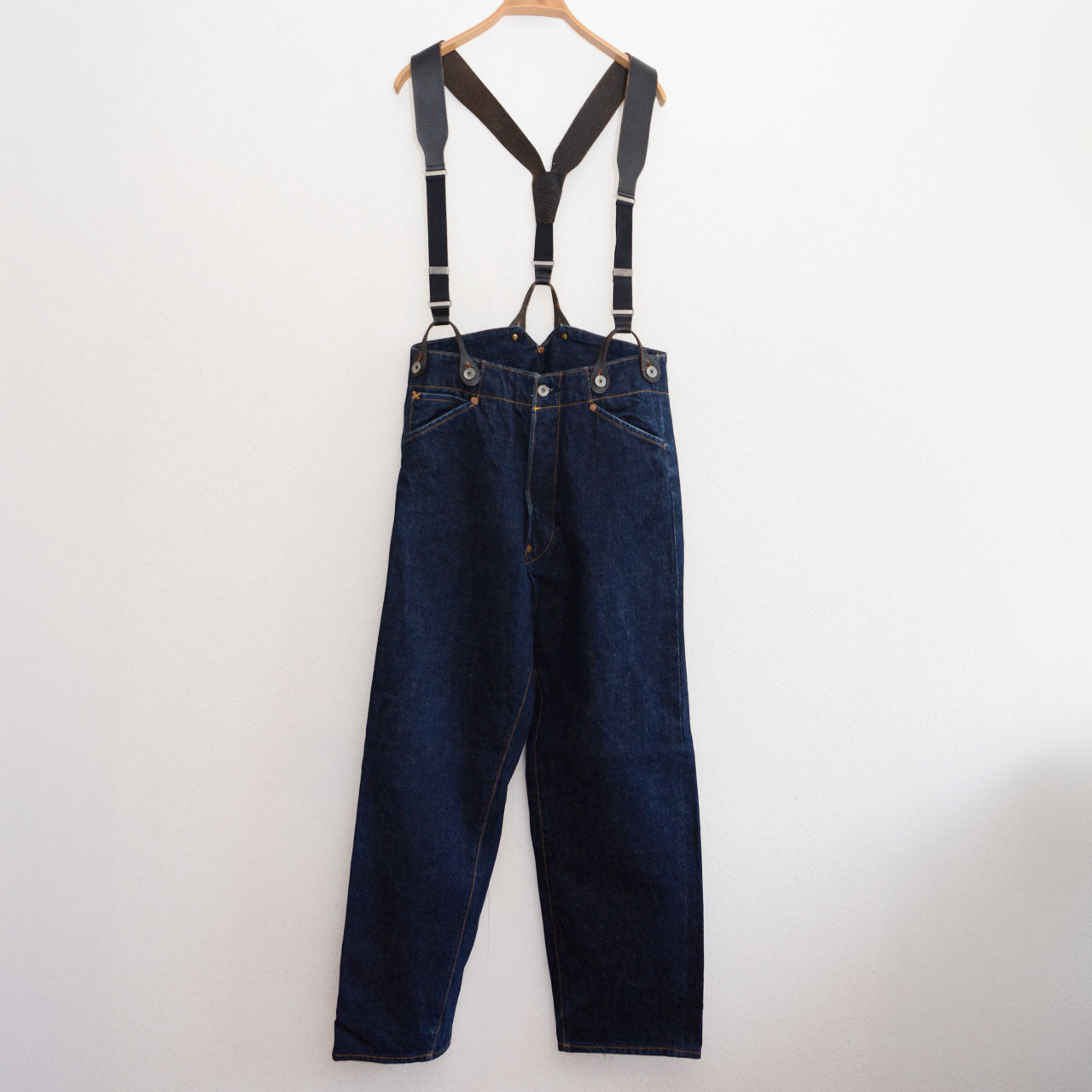 Laurel wreath motif waist button, indigo selvedge denim, EVIS