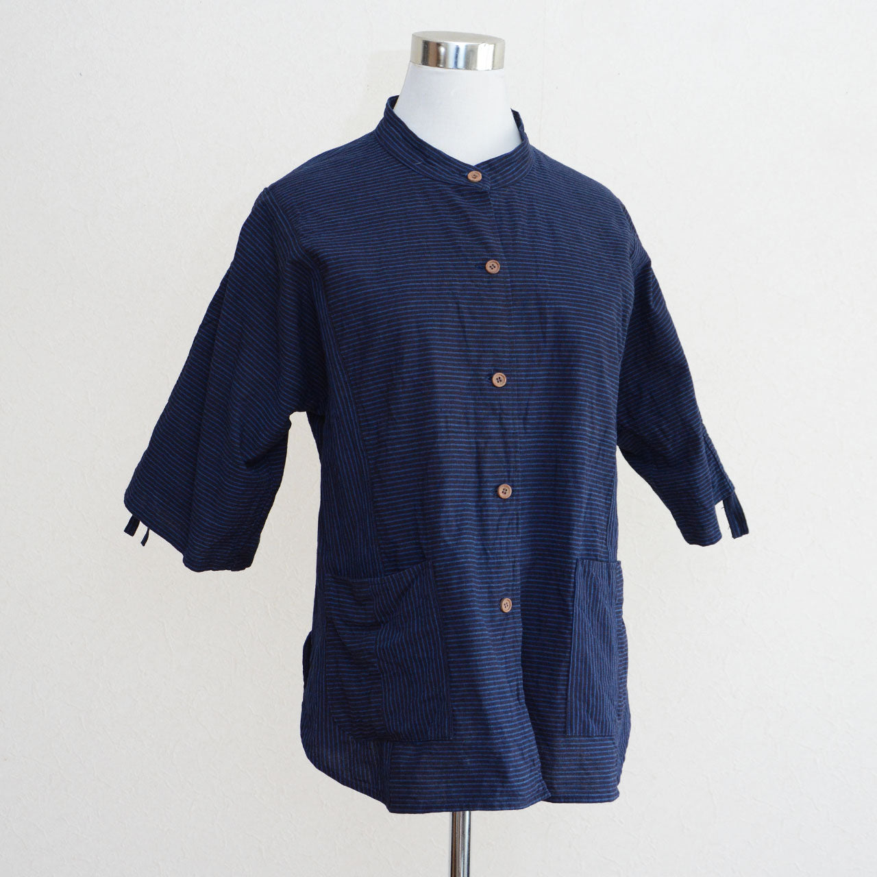 Handmade cotton striped blouse with band collar