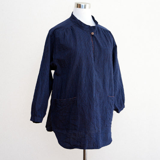 Handmade Japanese cotton blouse with sashiko detail and band collar