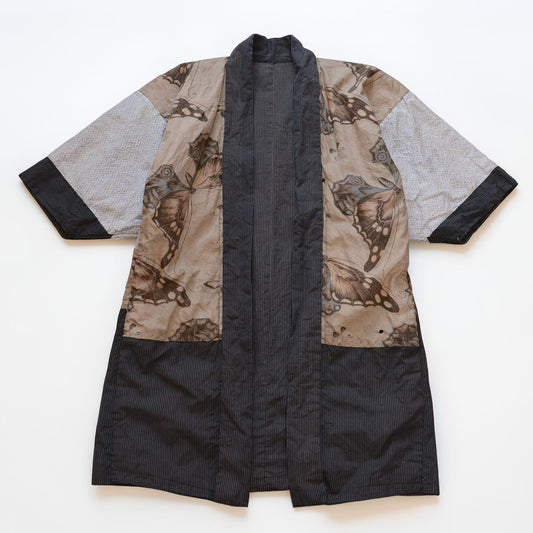 Cotton haori jacket, lining side front, butterfly and komon crazy pattern, flat lay, early Showa era Japan vintage