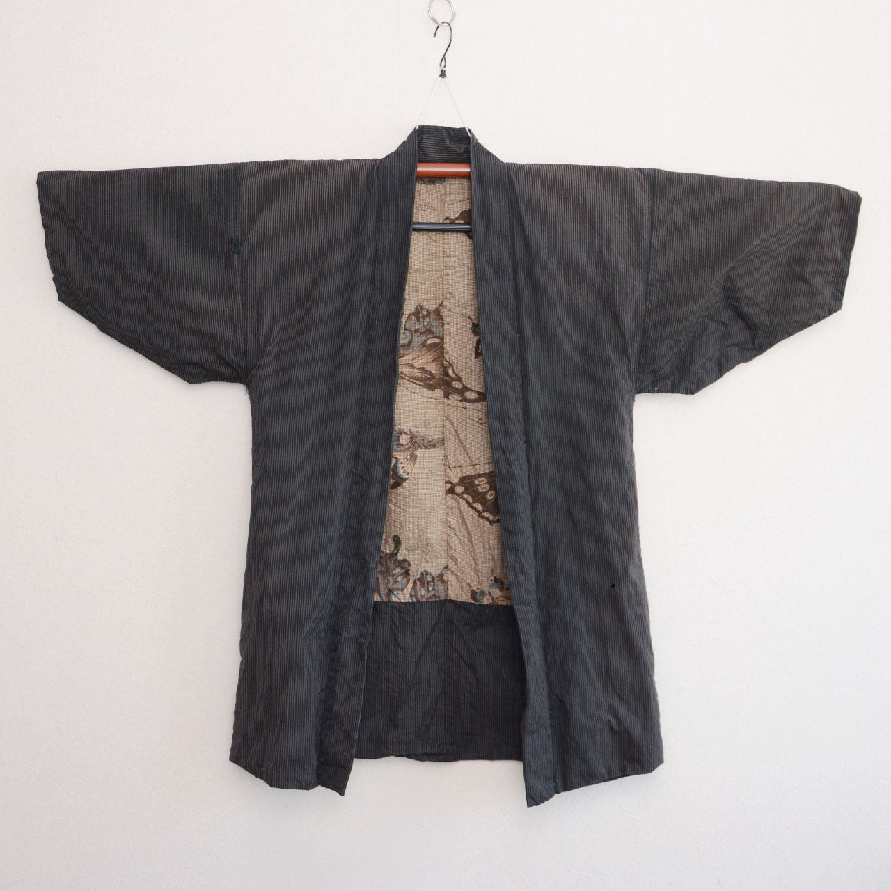 Cotton haori jacket, exterior front, pinstripe pattern, kimono hanger, early Showa era Japan vintage
