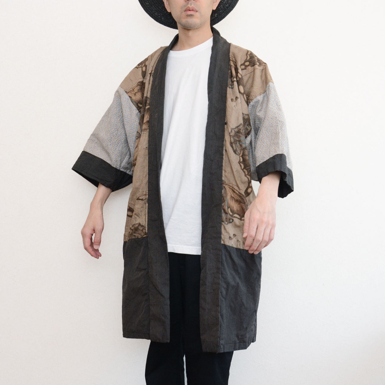 Cotton haori jacket worn by model, front view, styled with white tee and slacks, early Showa era Japan vintage