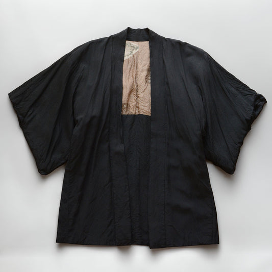 1970s–1980s men's black Japanese vintage haori jacket with beige patterned lining