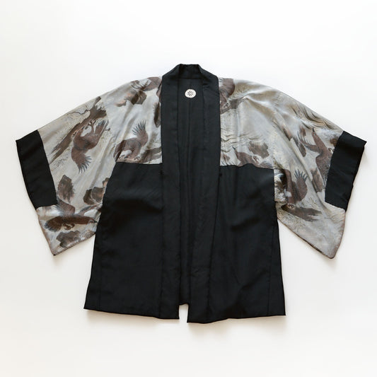 Lining of black silk haori turned inside out, full eagle and pine motif visible, taka-matsu-zu on silver-grey silk, Japan vintage