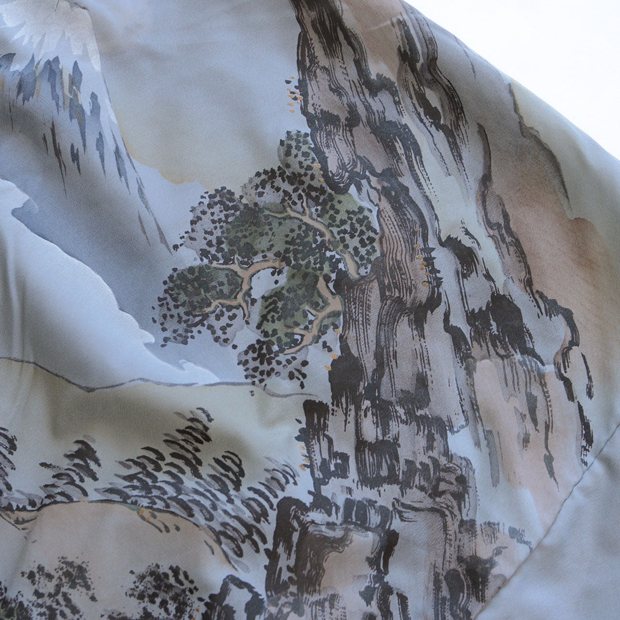 Detail of pine trees and rocky mountains on haori lining, sumi-e ink-wash style