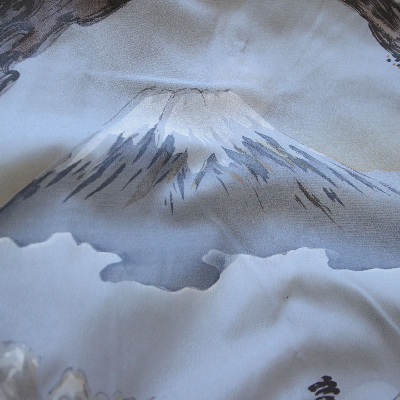 Detail of Mt. Fuji on haori lining, rendered in Japanese sumi-e ink-wash painting