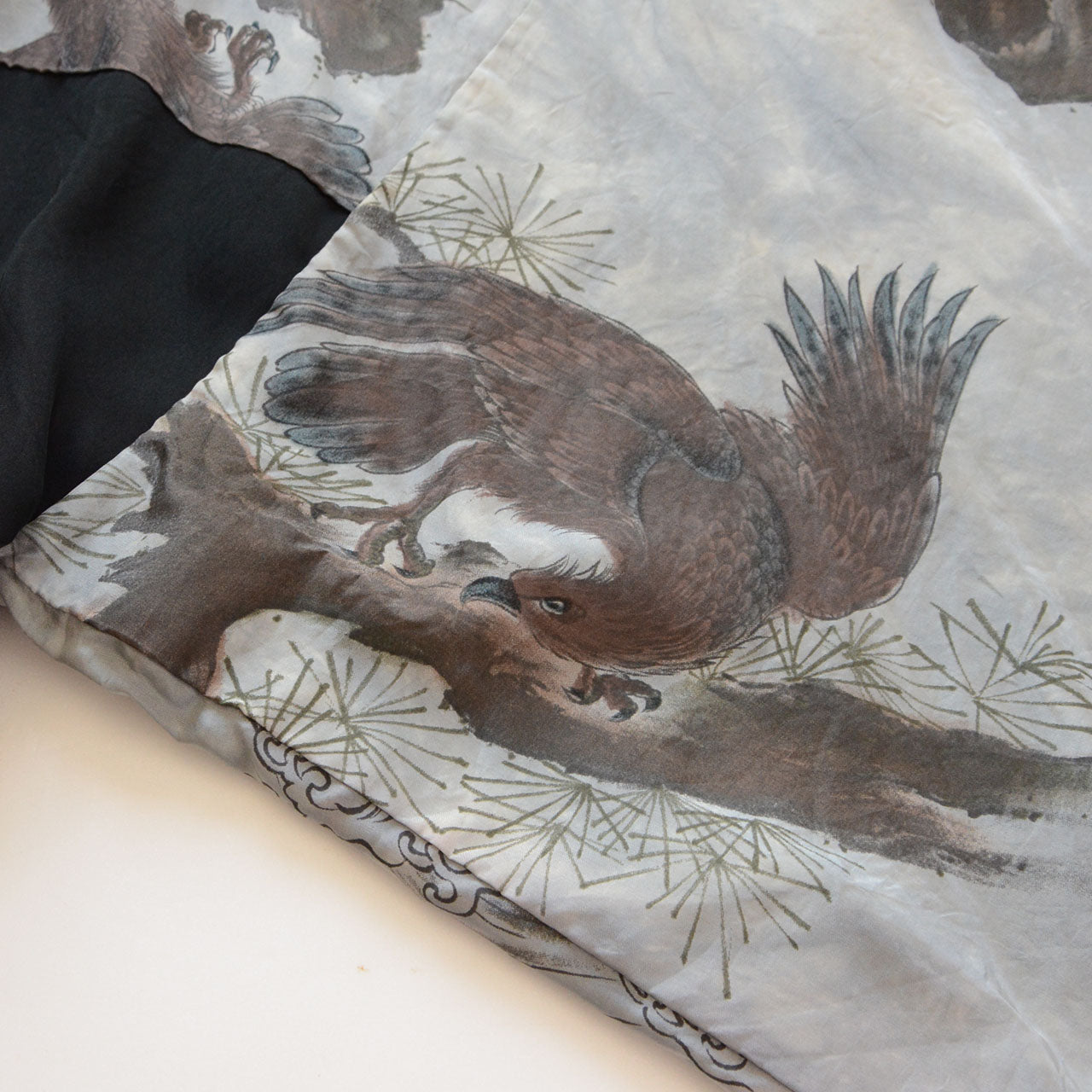 Haori lining detail, eagle soaring over crashing waves and mountain rocks, taka-matsu-zu, vintage Japanese silk