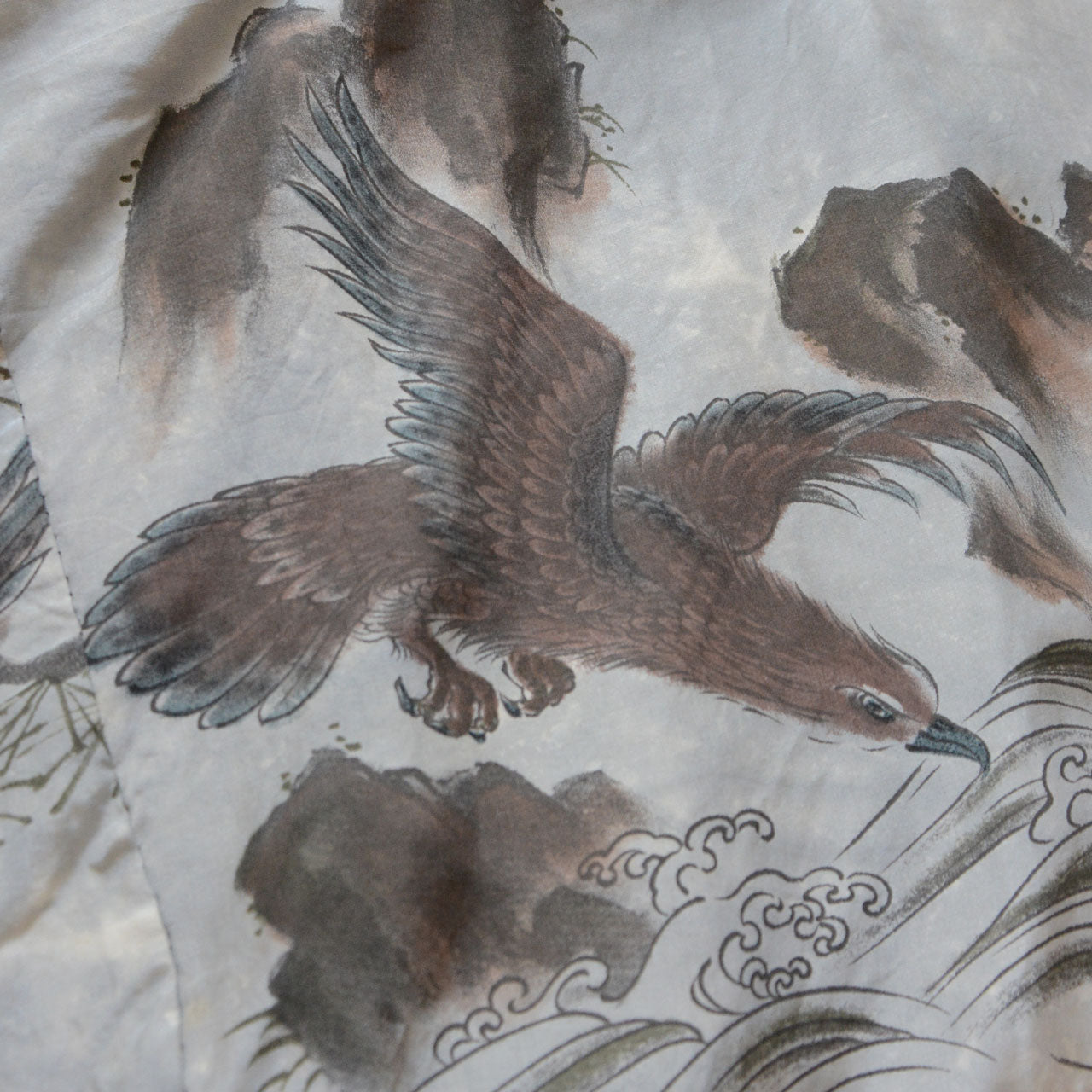 Close-up of eagle on pine branch, haori lining, muted earth tones on silver-grey silk, Japan vintage