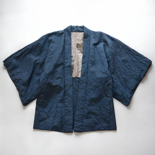 Men’s blue Japanese vintage haori jacket with karajishi lion-pattern lining, circa 1970s–1980s