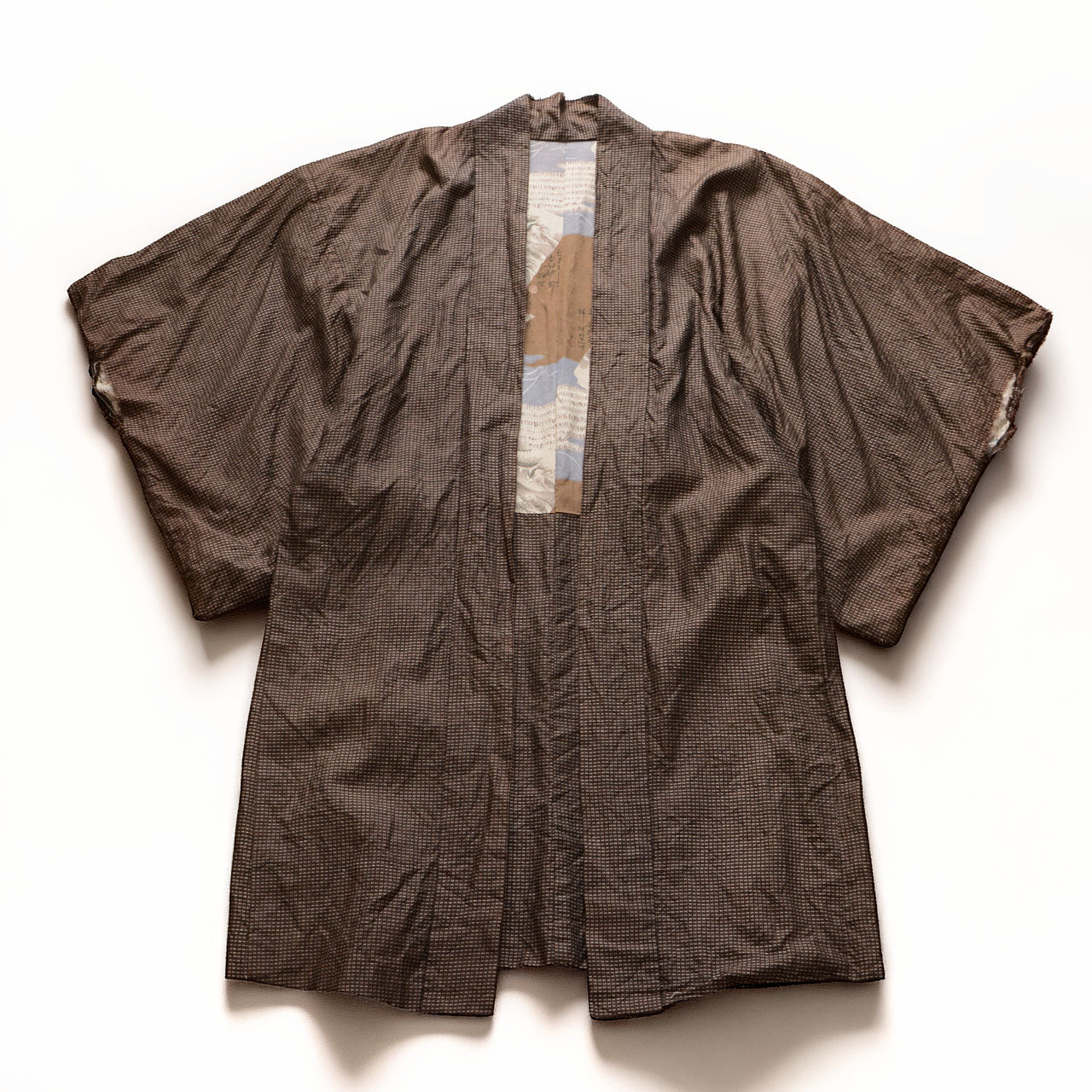 Men's Japanese vintage haori jacket, brown silk komon weave, open front, dragon lining visible at center, Showa era