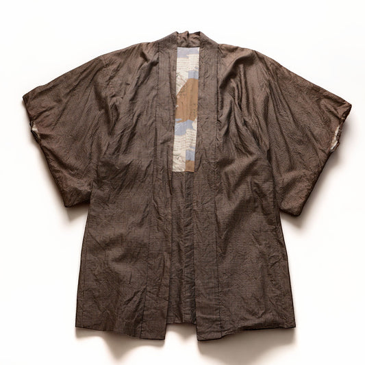 Men's Japanese vintage haori jacket, brown silk komon weave, open front, dragon lining visible at center, Showa era