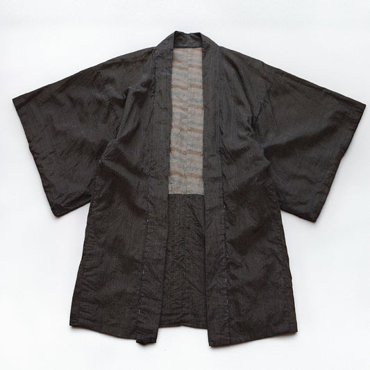 Early–mid Showa men’s long haori with fine grey-white stripes and muted patterned cotton lining