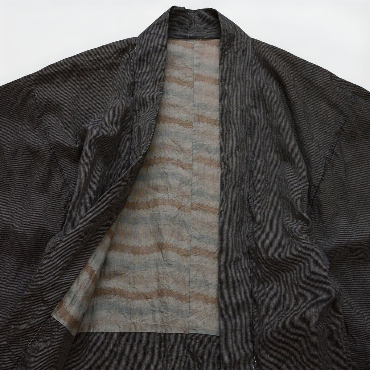 Fine-striped haori fabric with muted grey, blue-green and brown-like cotton lining