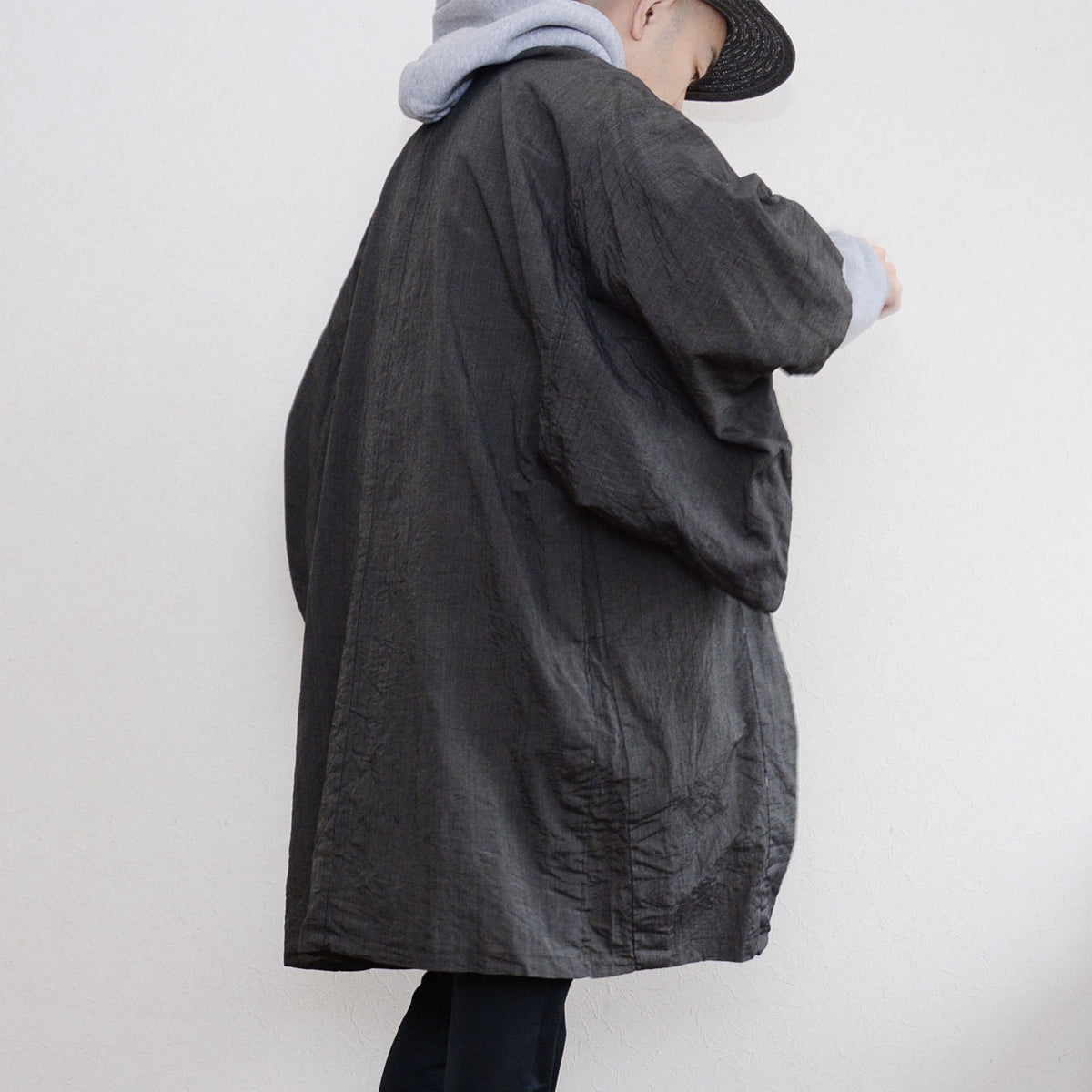 Long vintage Japanese haori with a grey hoodie and dark trousers