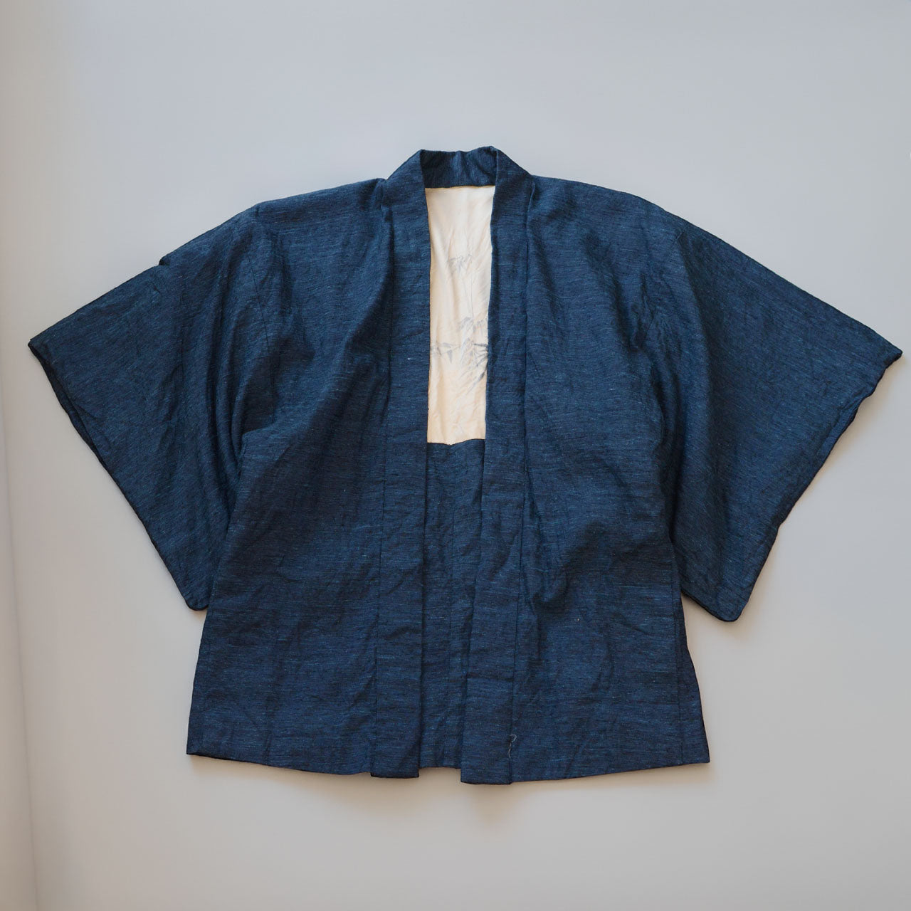 Deep blue wool haori jacket, wide sleeves, open collar