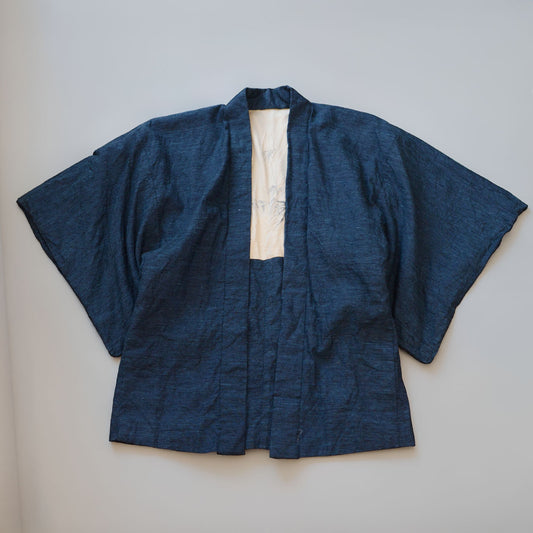 Deep blue wool haori jacket, wide sleeves, open collar