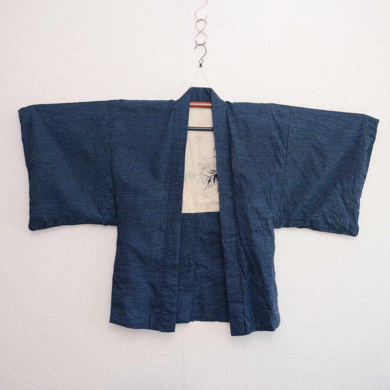 Men's vintage Japanese haori jacket in deep blue, wide kimono sleeves