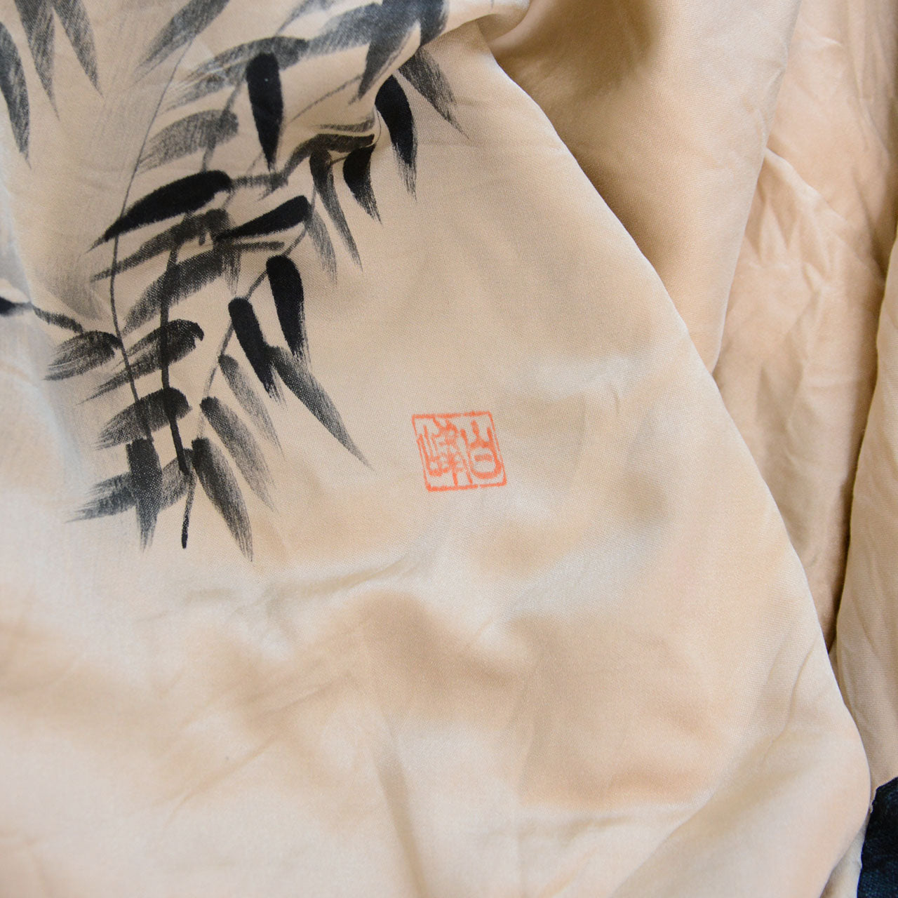 Haori jacket lining, ink-wash bamboo leaves and sparrow, red artist's seal