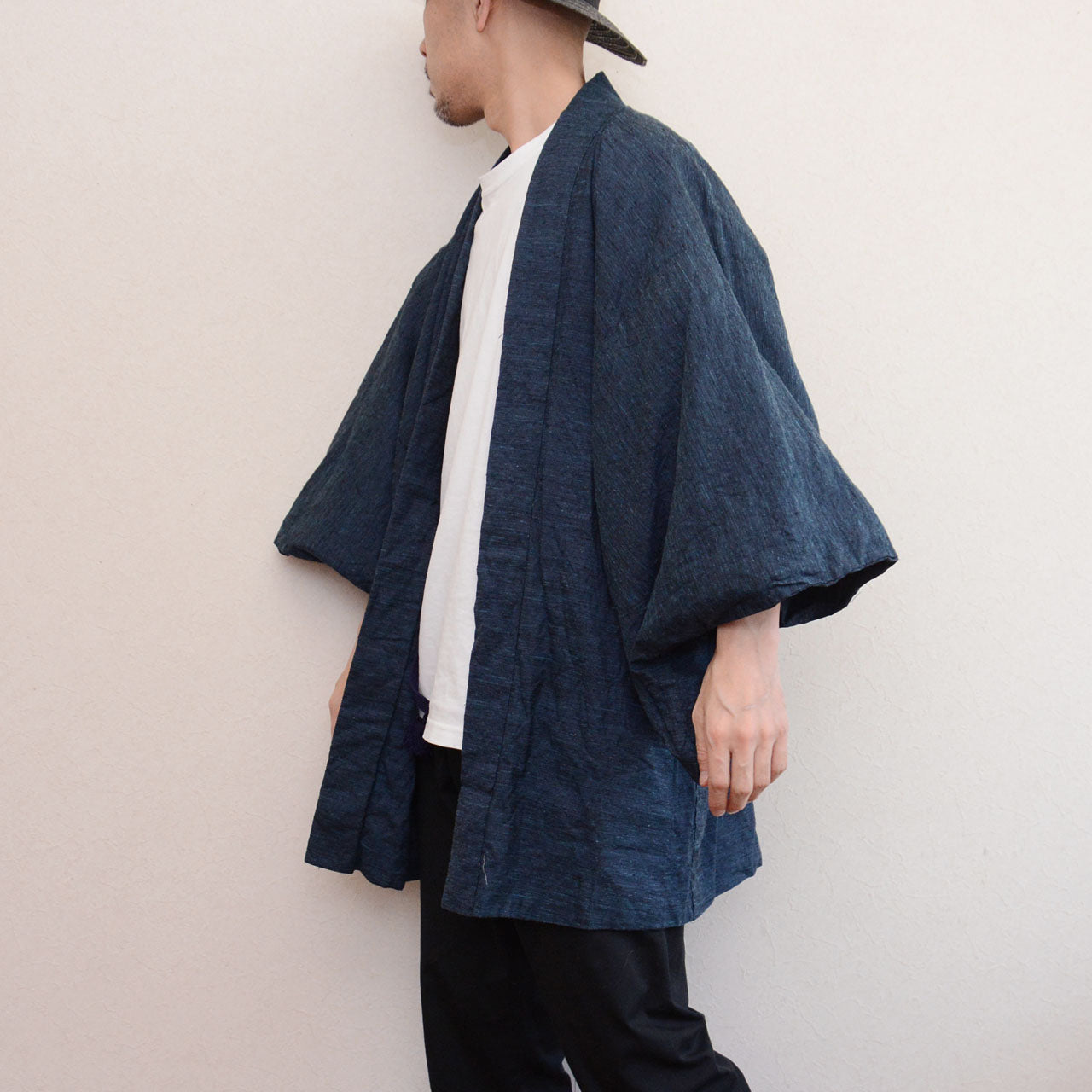 Artist's red seal on vintage haori jacket lining, ink-wash bamboo and sparrow
