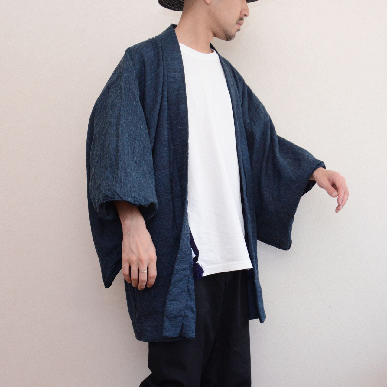 Deep blue haori jacket wool fabric, ribbed weave texture