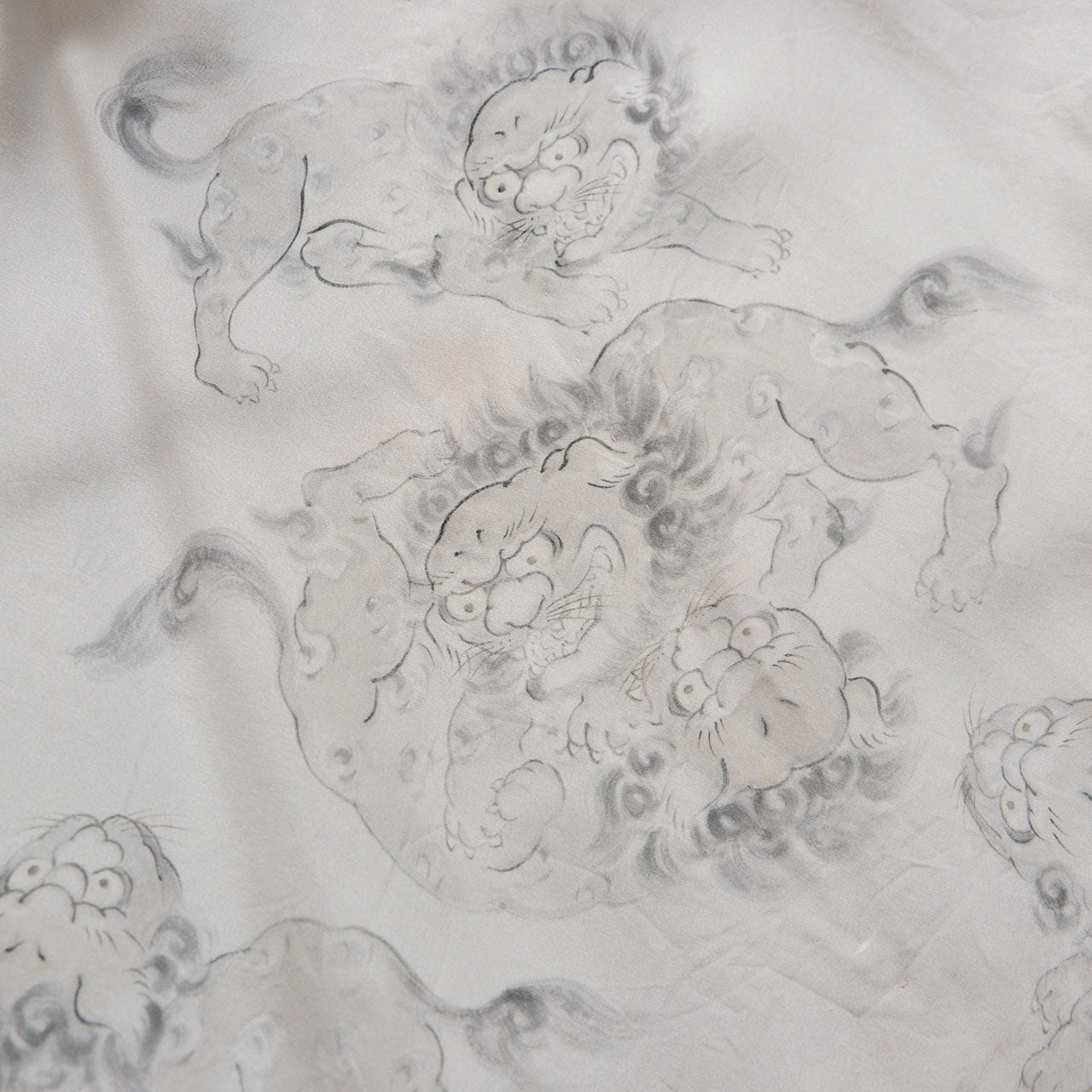 Karashishi lining, tumbling guardian lions among clouds, Japanese textile art