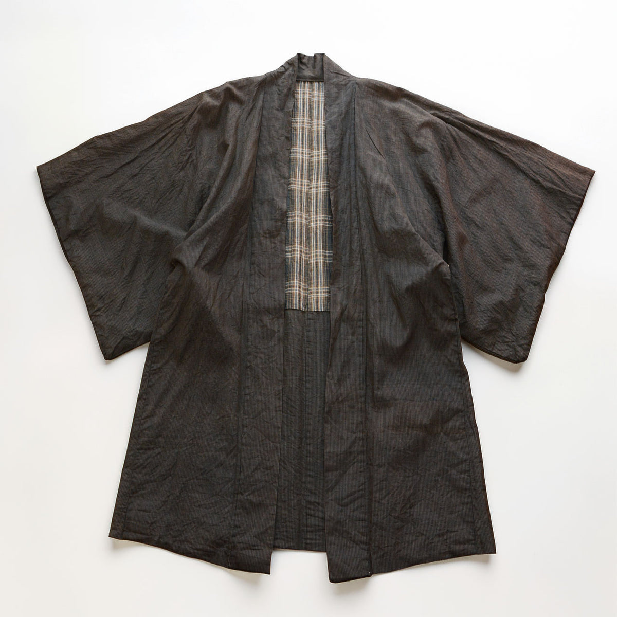 Early to mid-Showa men’s Japanese haori with fine stripes and plaid cotton lining