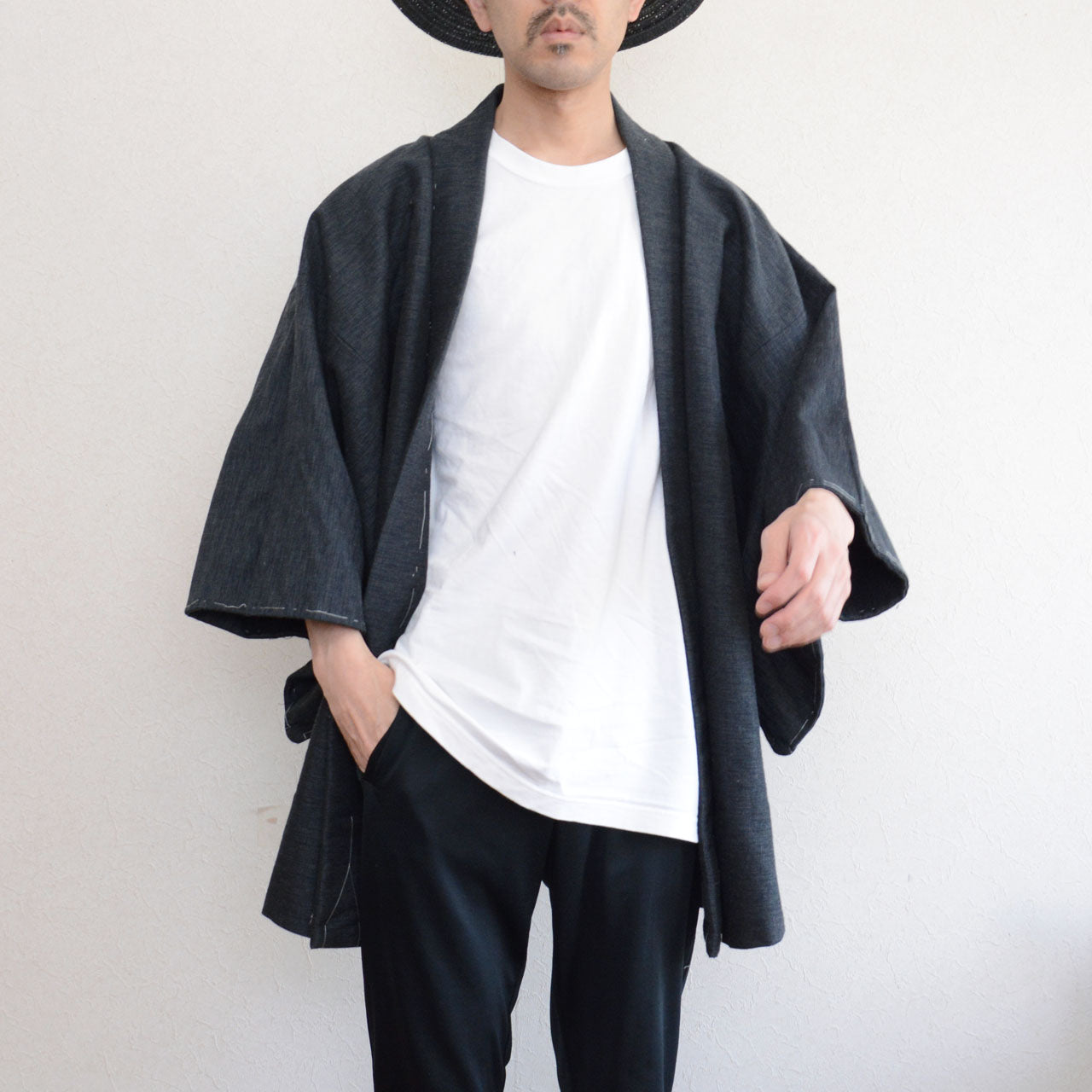 Men's wool haori, Japan vintage, blue daruma lining, deadstock condition, 1970s–1980s era