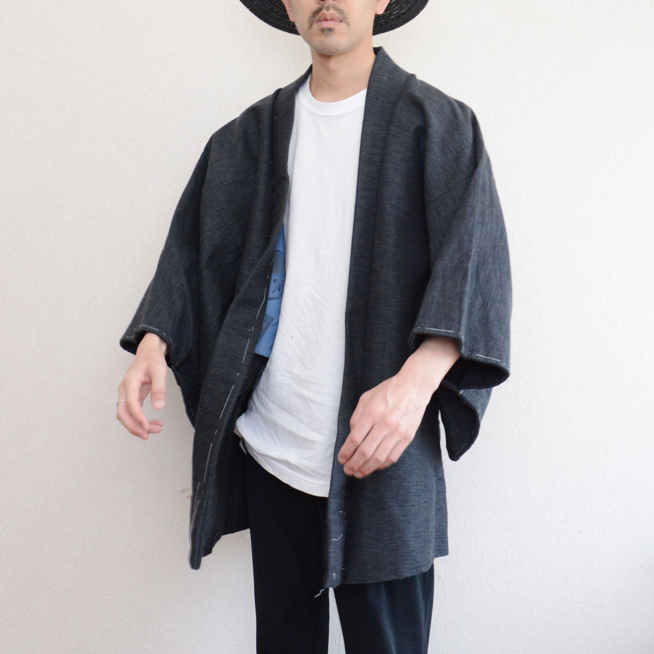 Japan vintage deadstock haori, wool, blue ground lining, daruma figures, men's, 1970s–80s