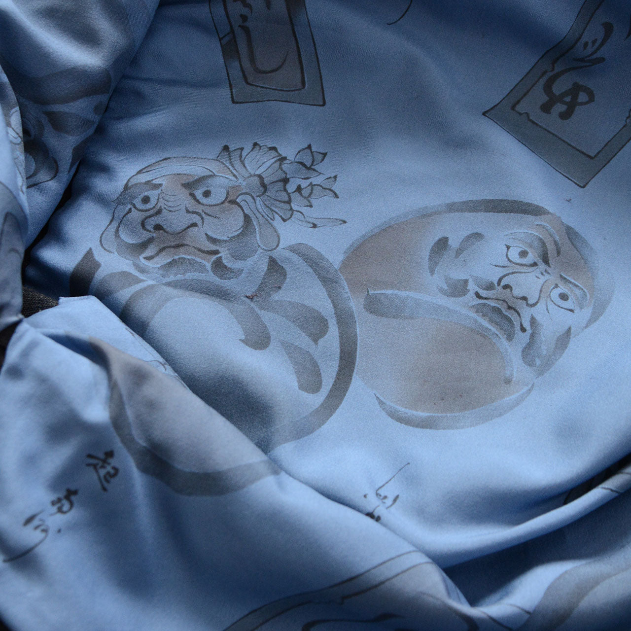 Japan vintage wool haori jacket, blue lining, daruma figures, Nana Korobi Ya Oki, 1970s–80s