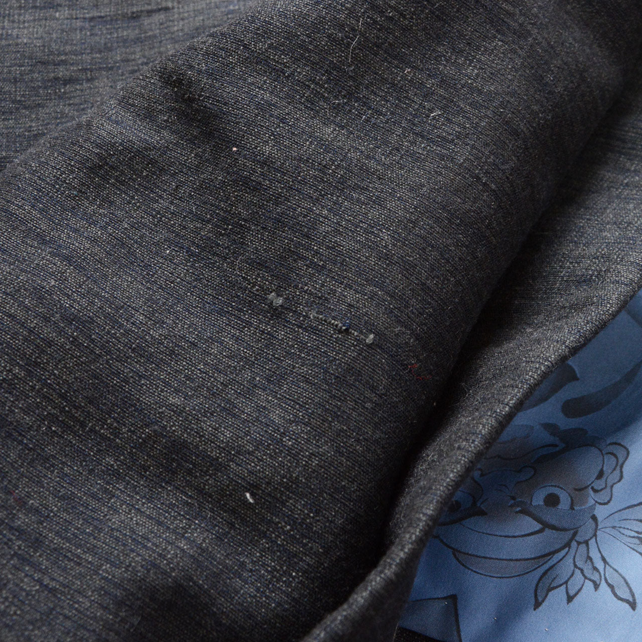 Wool haori jacket, blue daruma lining, Nana Korobi Ya Oki text, deadstock, 1970s–1980s Japan