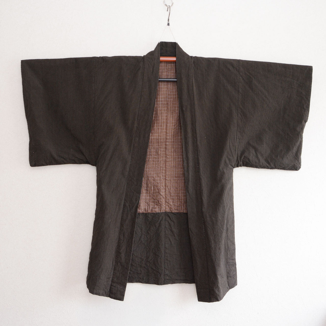 Cotton stripe long haori jacket on kimono hanger, early Showa era Japan vintage, front view