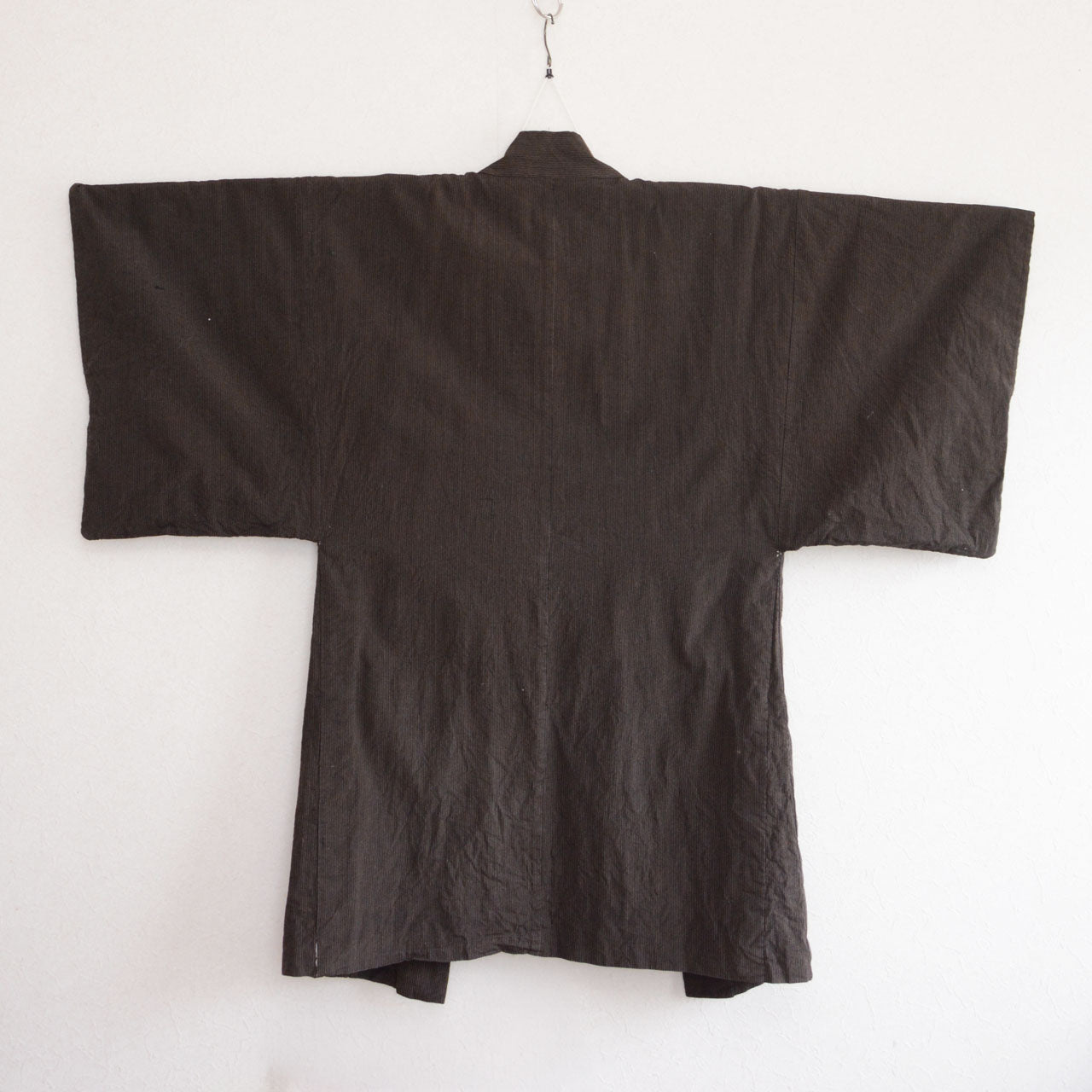 Cotton stripe long haori jacket on kimono hanger, early Showa era Japan vintage, back view
