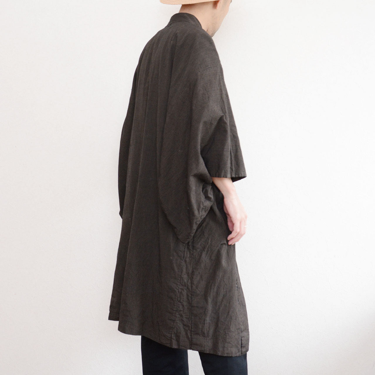 Long haori jacket worn by male model, side-back angle, stripe cotton, Japan vintage