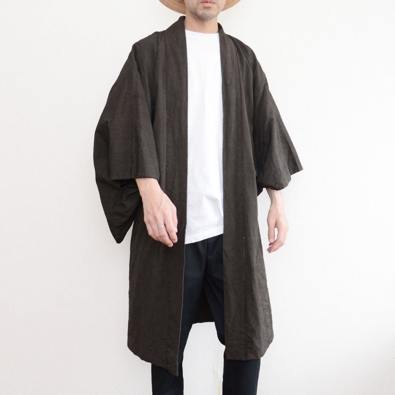Long haori jacket worn by male model, stripe cotton, early Showa era Japan vintage, front view
