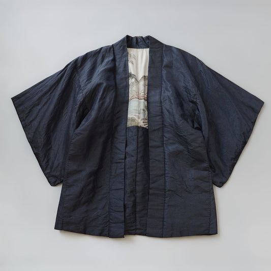 Vintage Japanese haori jacket, deep navy textured weave exterior