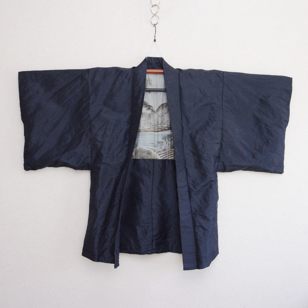 Men's haori, deep navy jacquard fabric, open front